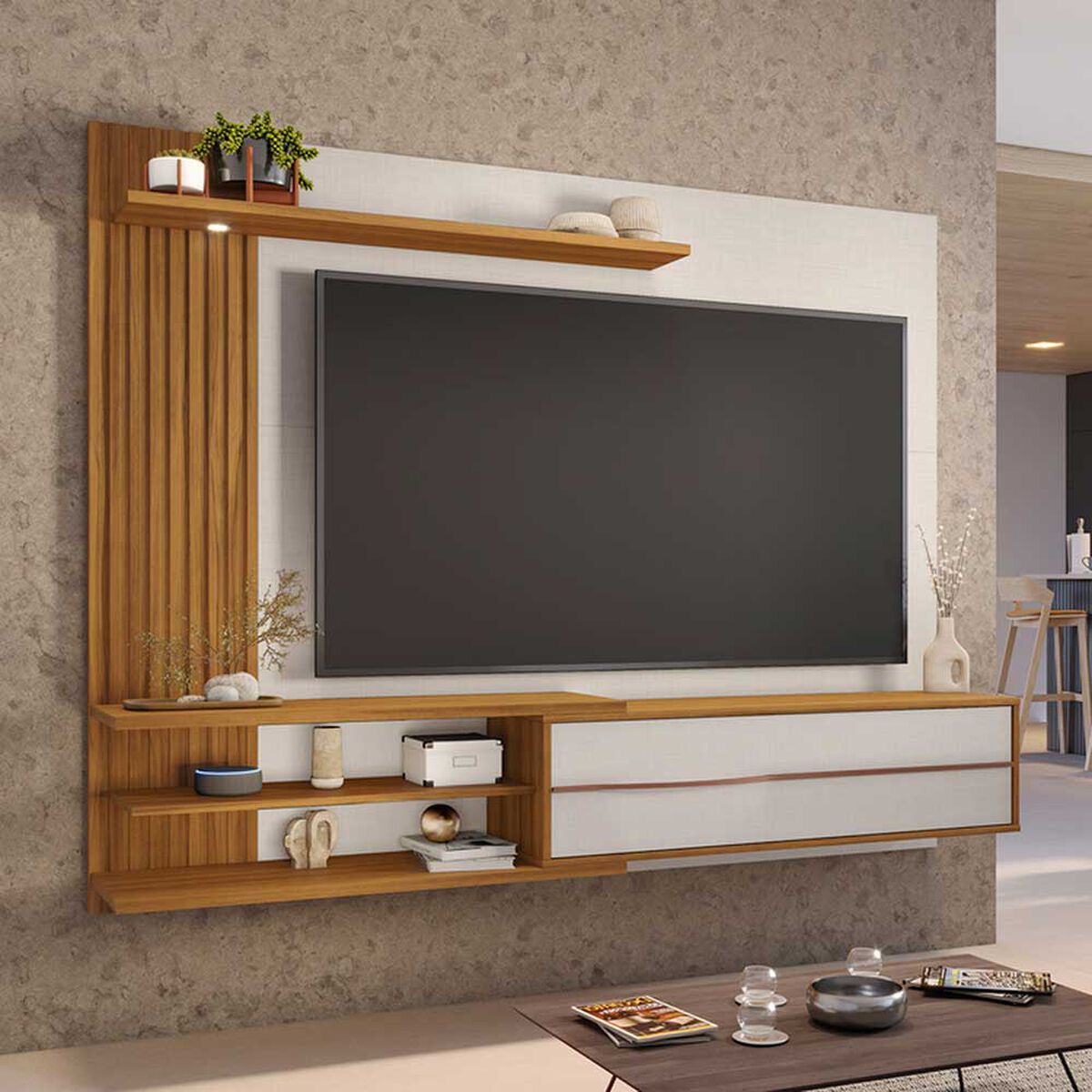 Panel TV Home Mobili Monet Hasta 65" Blanco Off Whitte Nature