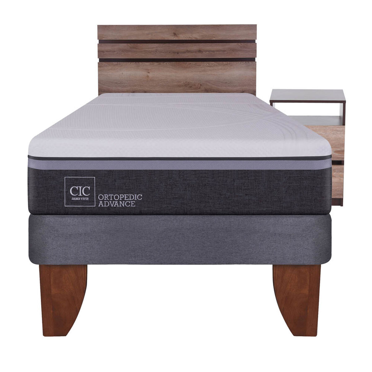 Cama Europea CIC 1,5 Plazas Ortopedic Advance + Respaldo + Velador Ares