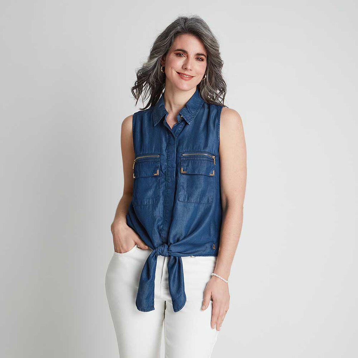 Blusa De Mezclilla Sin Mangas Nudo En Ruedo Mujer Lorenzo Di Pontti