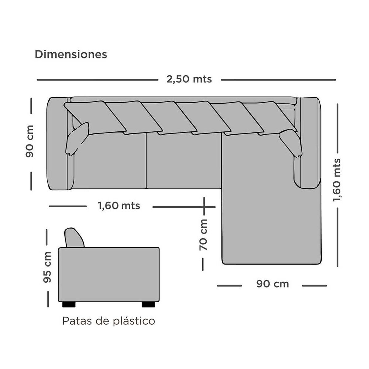 Sofá Seccional Derecho Living Factory Roma 3 Cuerpos Gris