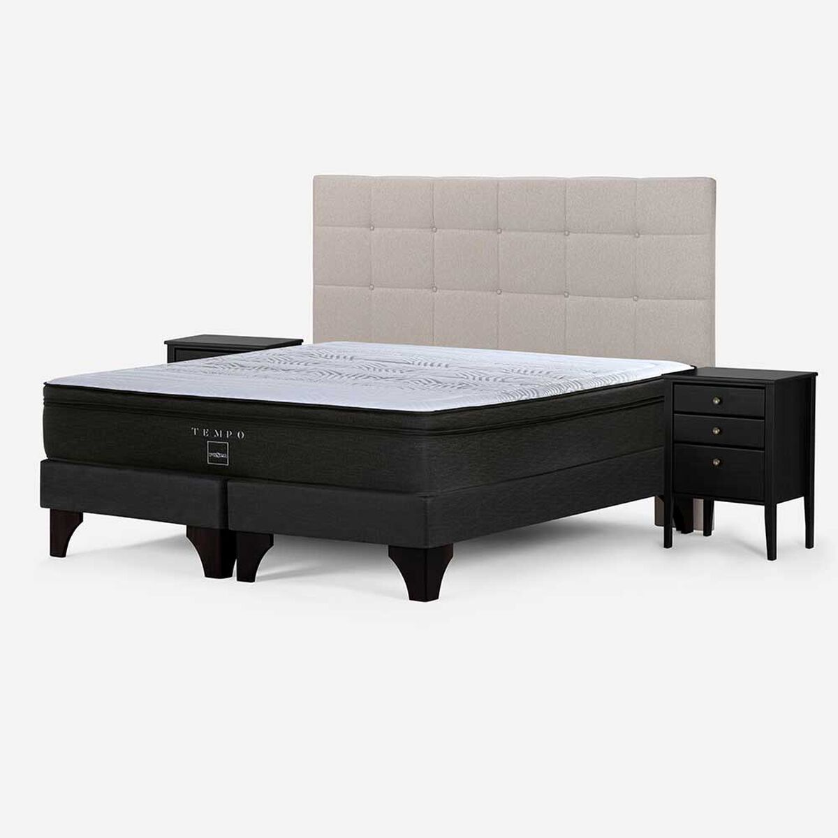 Cama Europea Rosen Base Dividida Súper King Tempo + Respaldo + 2 Veladores Issey Niebla