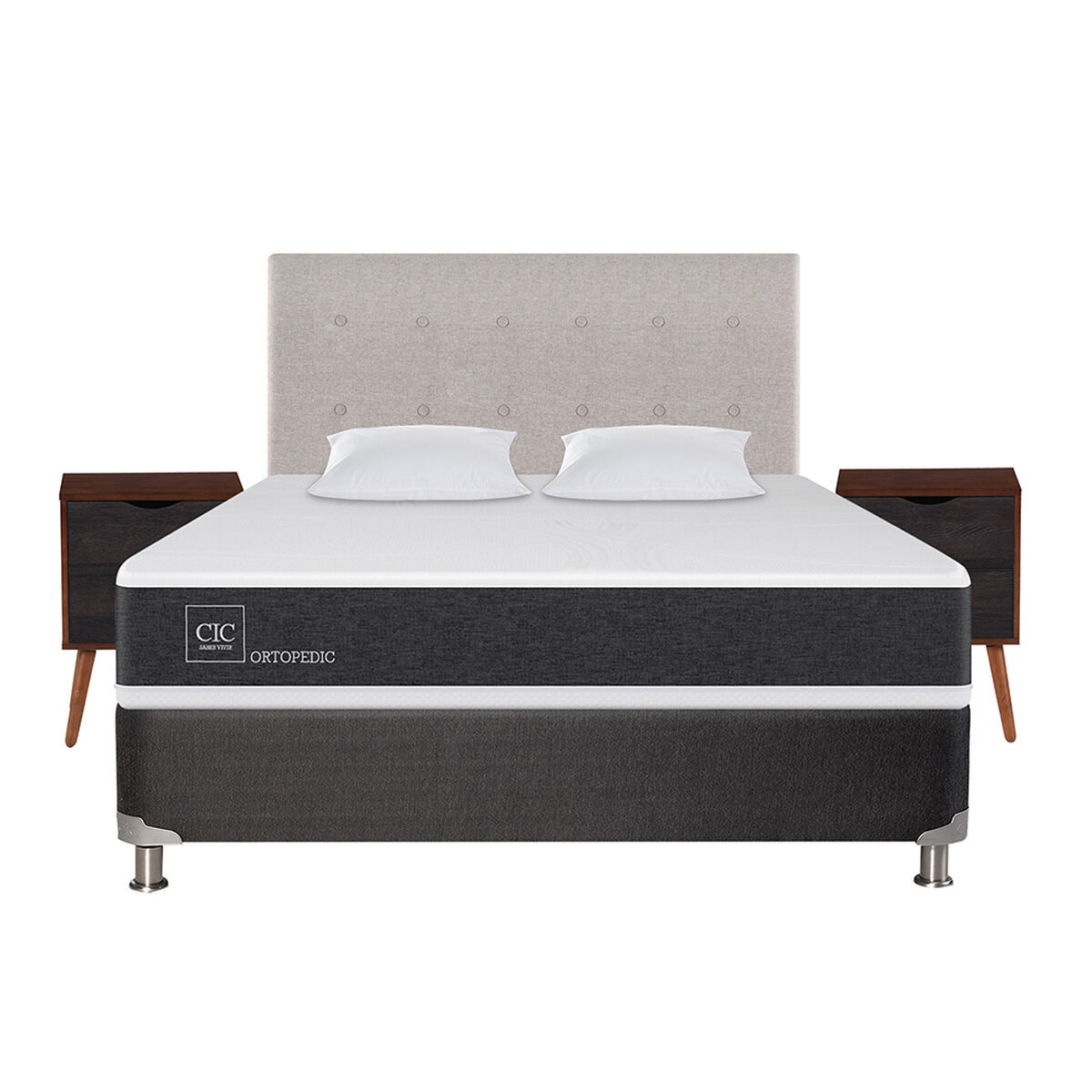 Box Spring CIC 2 Plazas New Ortopedic + Respaldo + 2 Veladores Tigris + Almohada