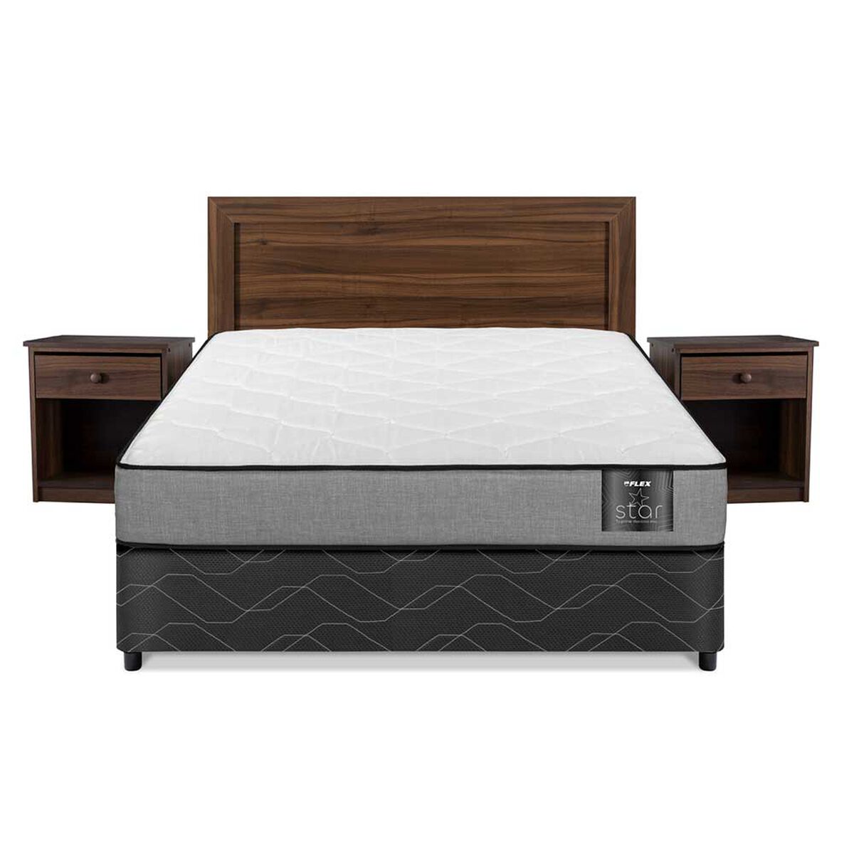 Cama Americana Flex 2 Plazas Star + Respaldo + 2 Veladores Asturias