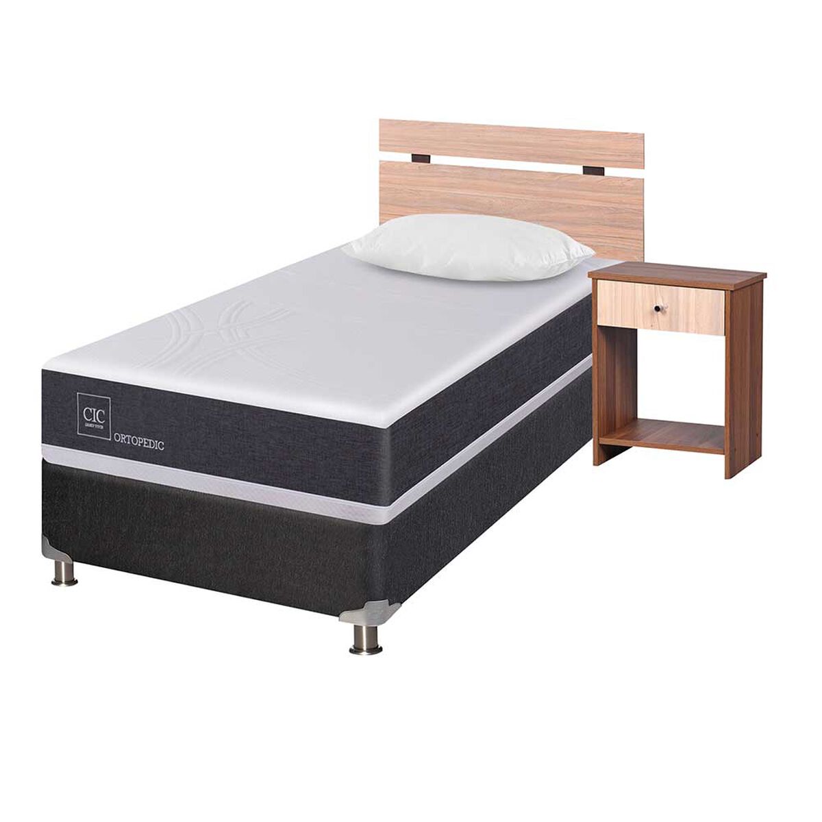 Box Spring CIC 1,5 Plazas Ortopedic + Respaldo + Velador Olmo + Almohada