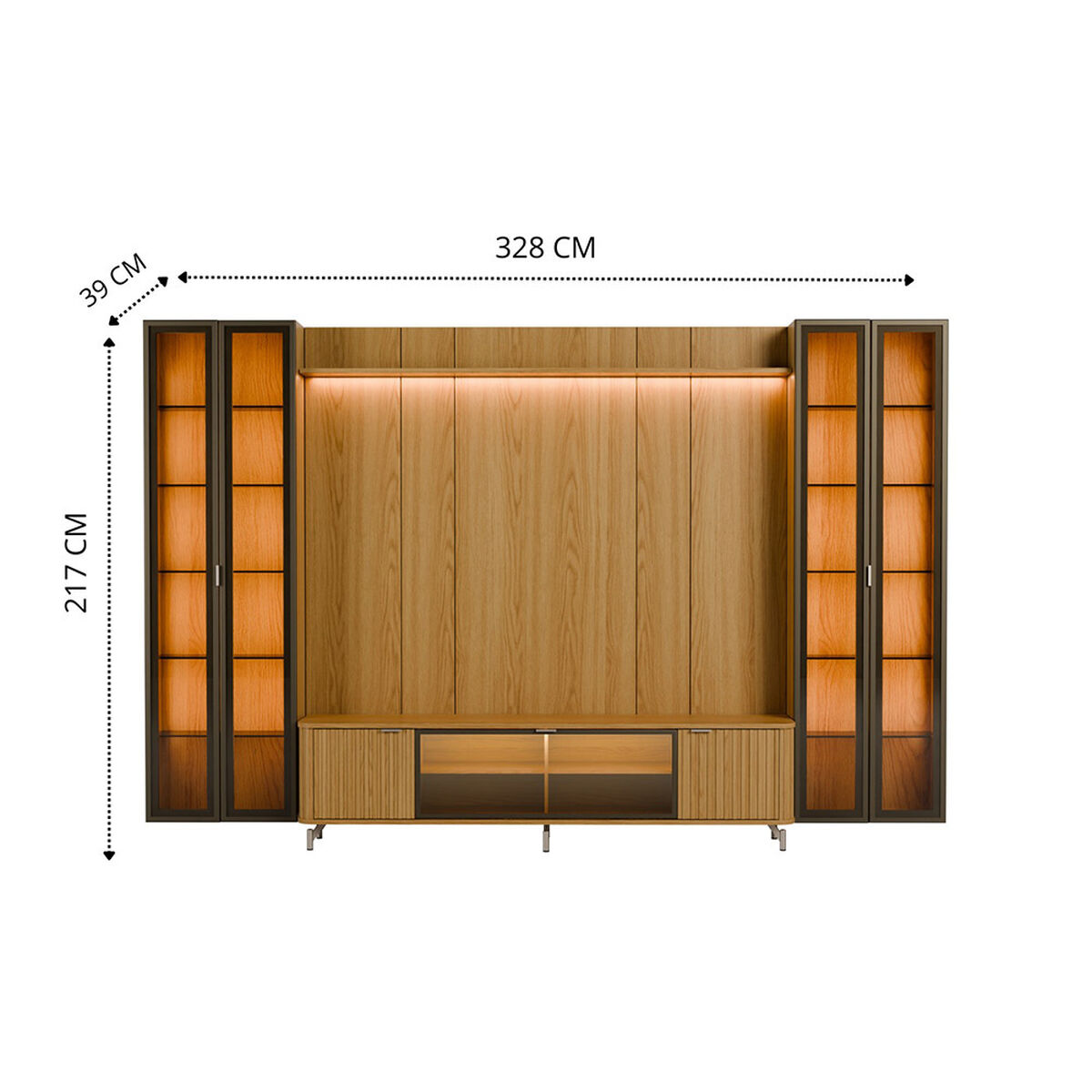 Rack TV 80" + Panel Neon Float LED + 2 Vitrinas 2 Puertas Decocasa Carvalho