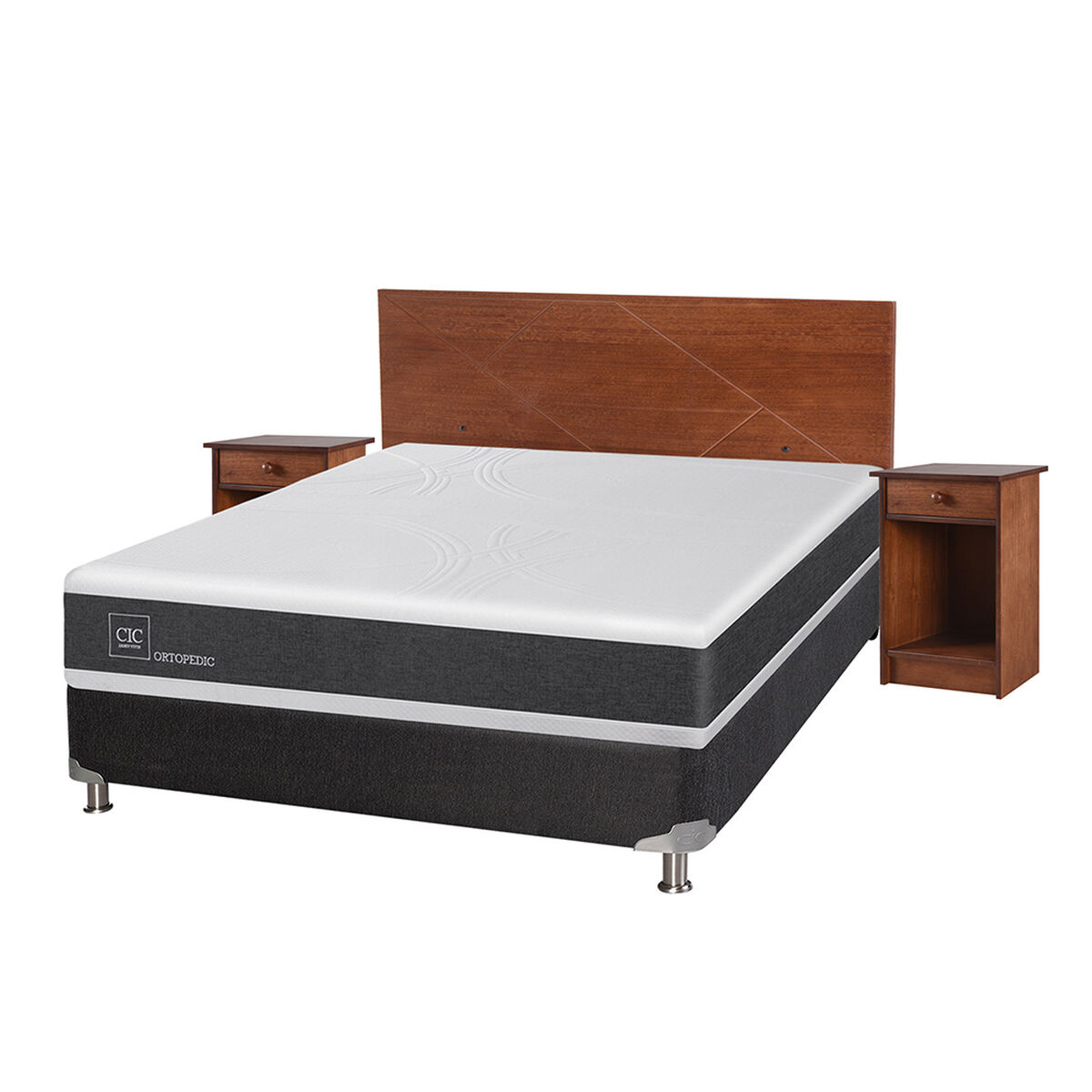 Box Spring CIC 2 Plazas New Ortopedic + Respaldo + 2 Veladores New Villarrica