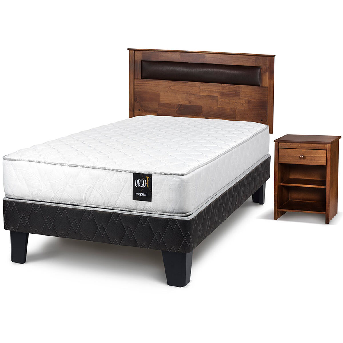 Cama Europea Rosen 1,5 Plazas Ergo-T + Respaldo + Velador Ferrara