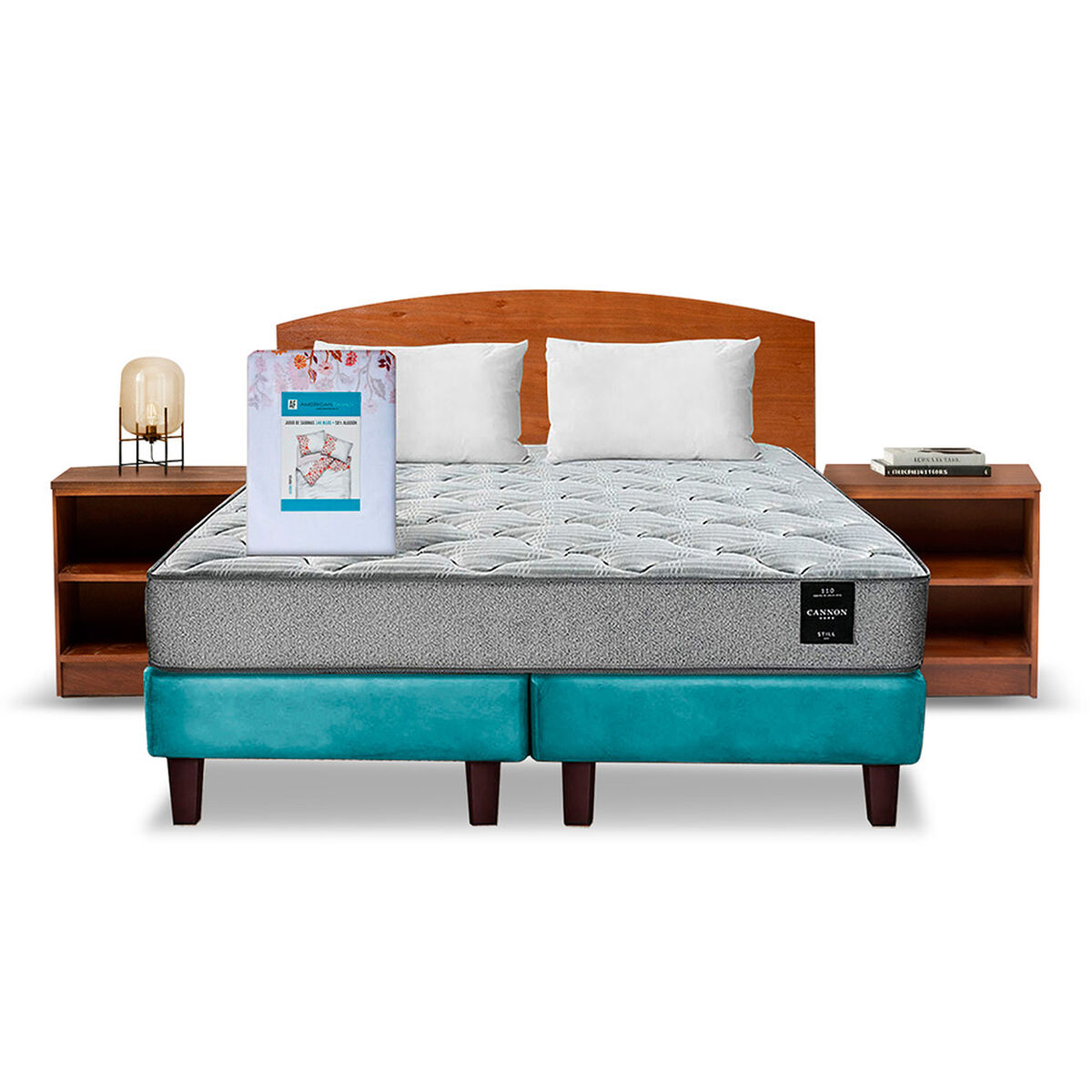Combo Cama Europea Latam Home 2 Plazas Cannon BD Tela Turquesa + Textil + Respaldo + 2 Veladores Atlas
