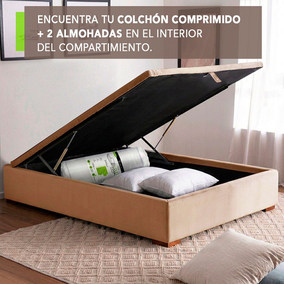Cama Ba&uacute;l Latam Home Full Colch&oacute;n New Top Beige + 2 Almohadas