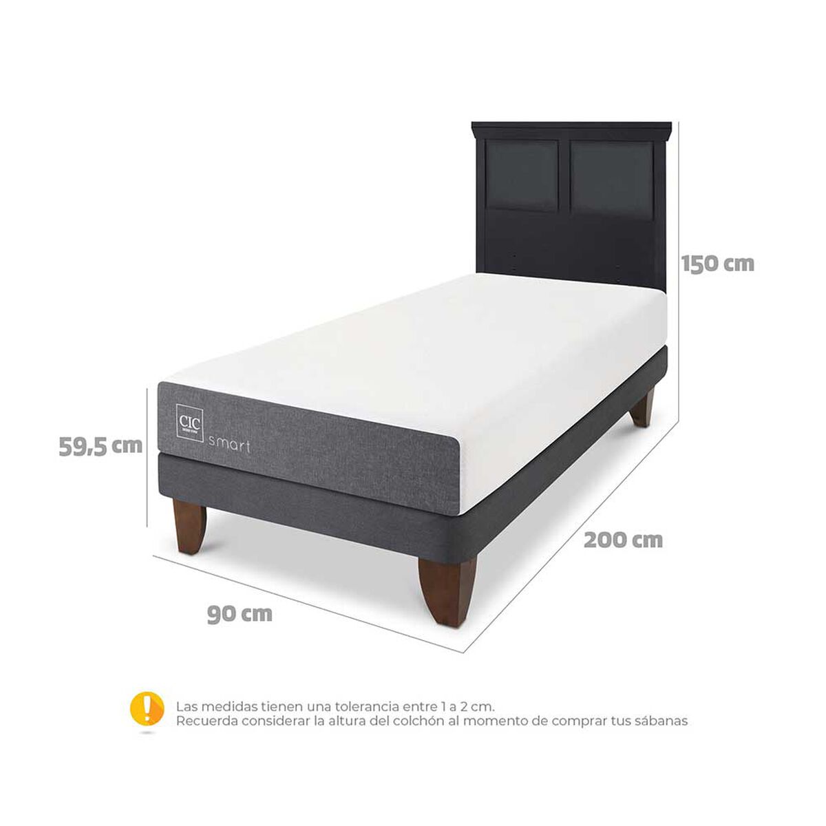 Cama Europea CIC 1 Plaza Smart + Respaldo Torino Negro