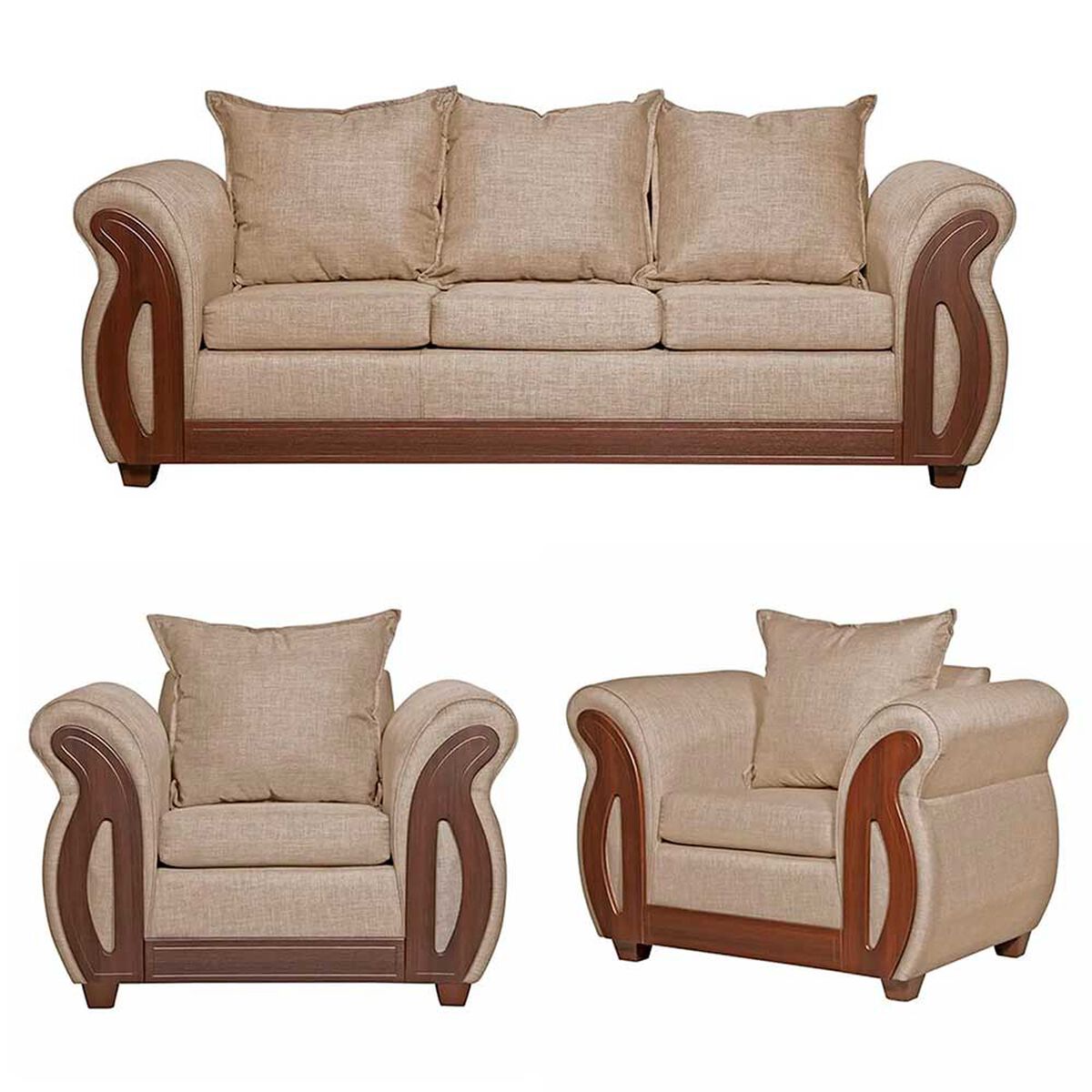 Juego de Living Ruzam Mobel Isidora Sof&aacute; 3 Cuerpos + Dos Sillones 1 Cuerpo Lino Beige