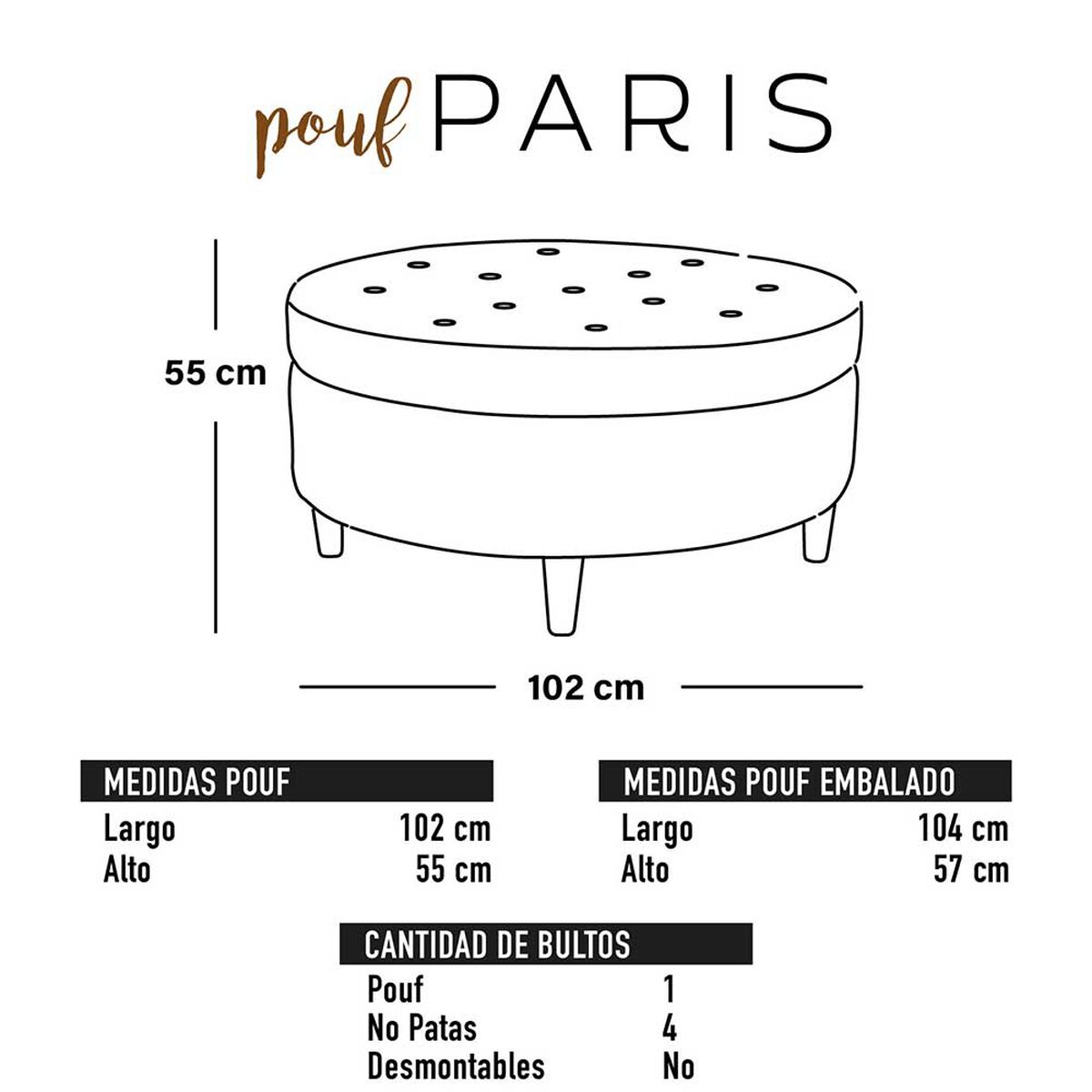 Pouf Latam Home Paris Cuero Kentucky Negro