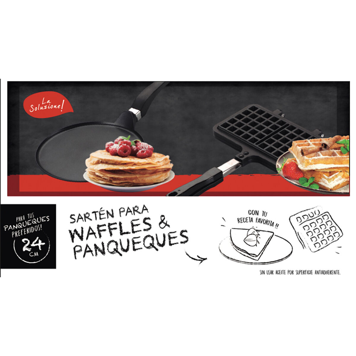 Set 2 Piezas Sartén Wafflera y Panquequera Teflón La Soluzione
