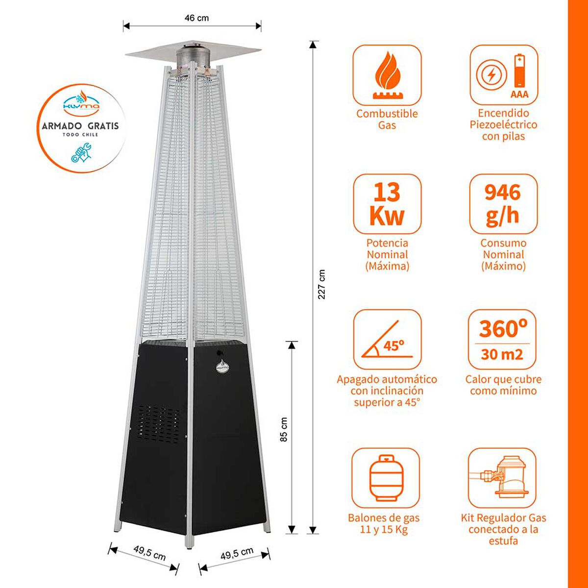 Estufa a Gas Exterior Terraza Klyma Obelisk Negra