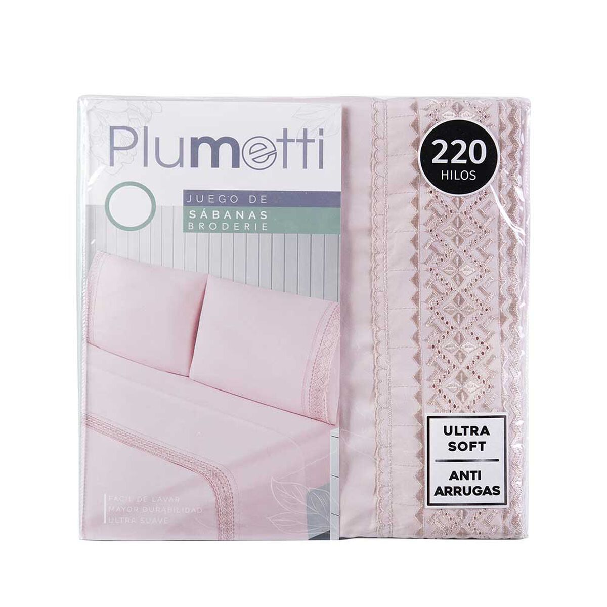 Juego de Sábanas Plumetti 2 Plazas Broderie Rosado