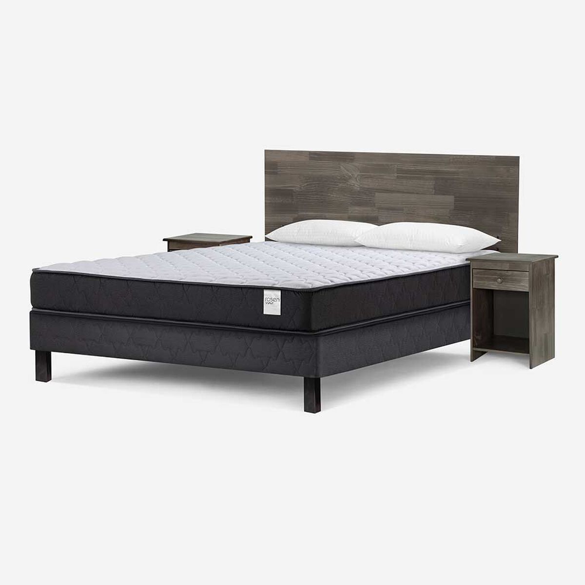 Cama Europea Rosen 2 Plazas Wave + Respaldo + 2 Veladores Tabor Grafito + 2 Almohadas Light Americana