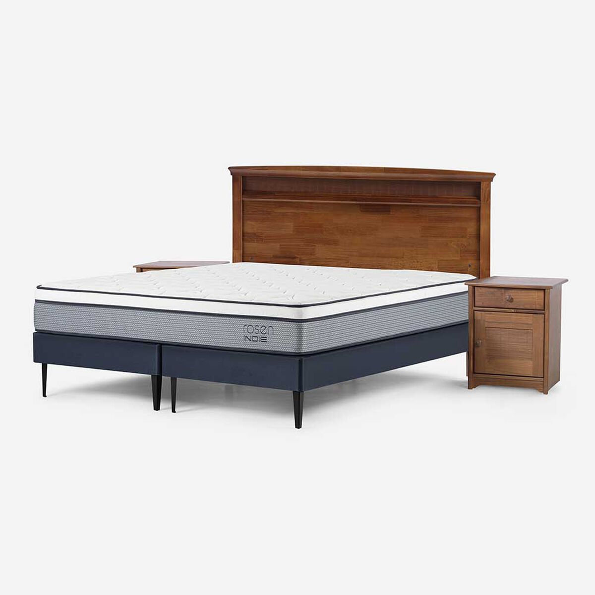 Cama Europea Rosen Base Dividida 2 Plazas Indie + Respaldo + 2 Veladores Veneto