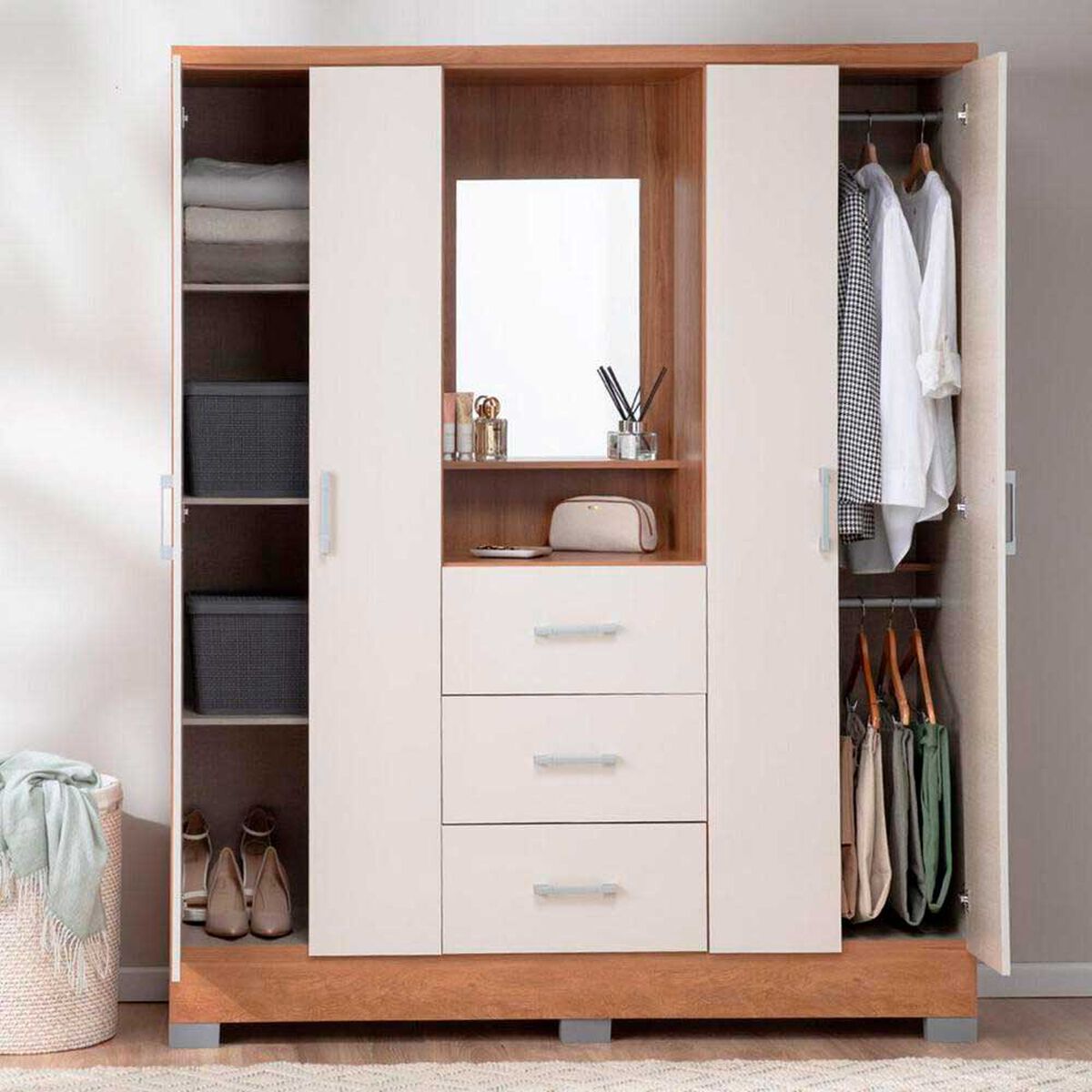 Cl&oacute;set con Tocador y Espejo Roca Olivia 4 Puertas 3 Cajones Vainilla