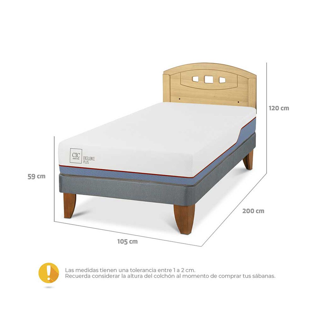 Cama Europea CIC 1,5 Plazas Excellence Plus + Respaldo Gales Mostaza