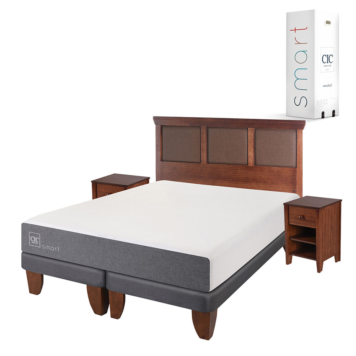 Cama Europea CIC Base Dividida 2 Plazas Smart + Respaldo + 2 Veladores New Torino Caramelo