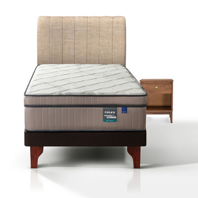 Cama Europea Flex 1,5 Plazas M&aacute;ximo Cobre  + Respaldo Tubular Beige + Velador Atenas