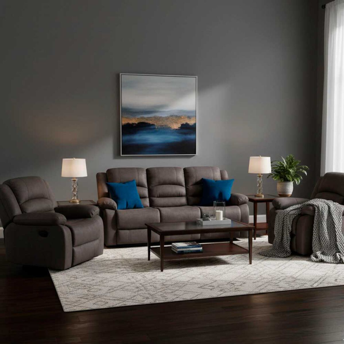 Juego de Living Reclinable Daniels Sof&aacute; 3 Cuerpos + 2 Bergers Martell Gris