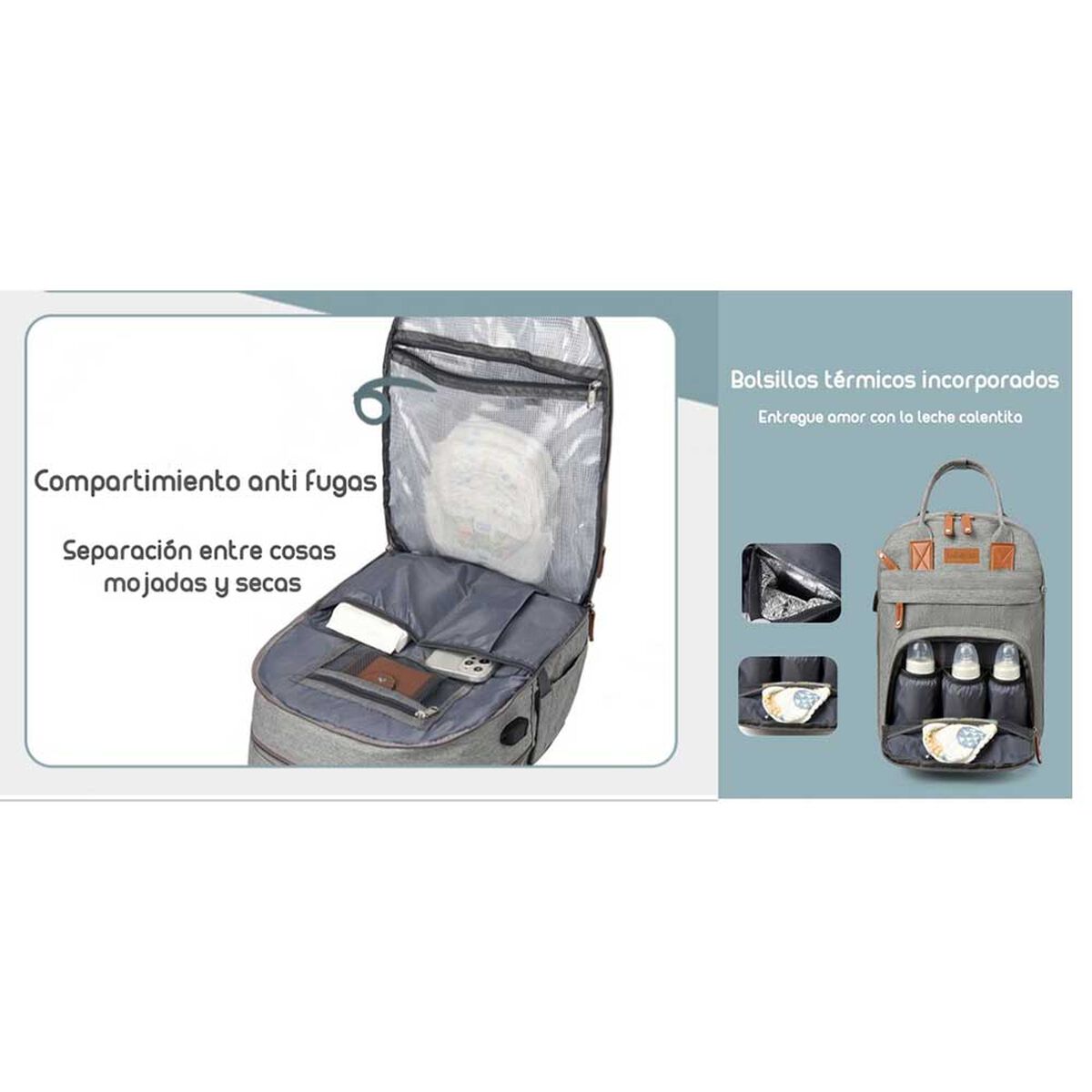 Mochila Maternal con Monedero y Colgador Lubabycas Gris