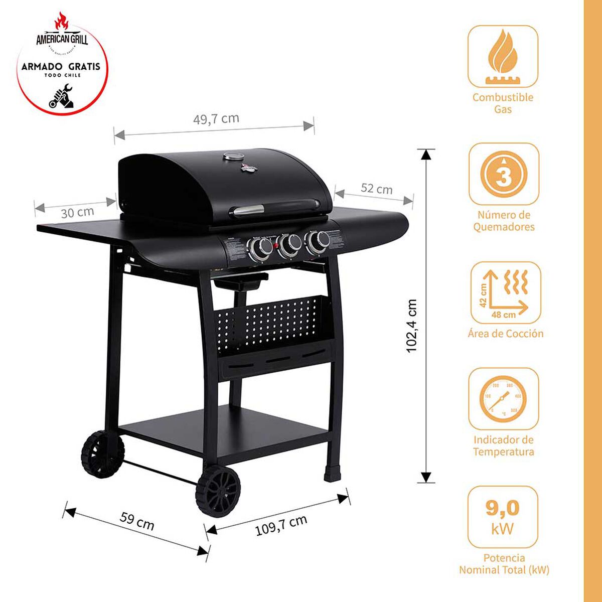 Parrilla a Gas American Grill 3 Quemadores Kansas Black