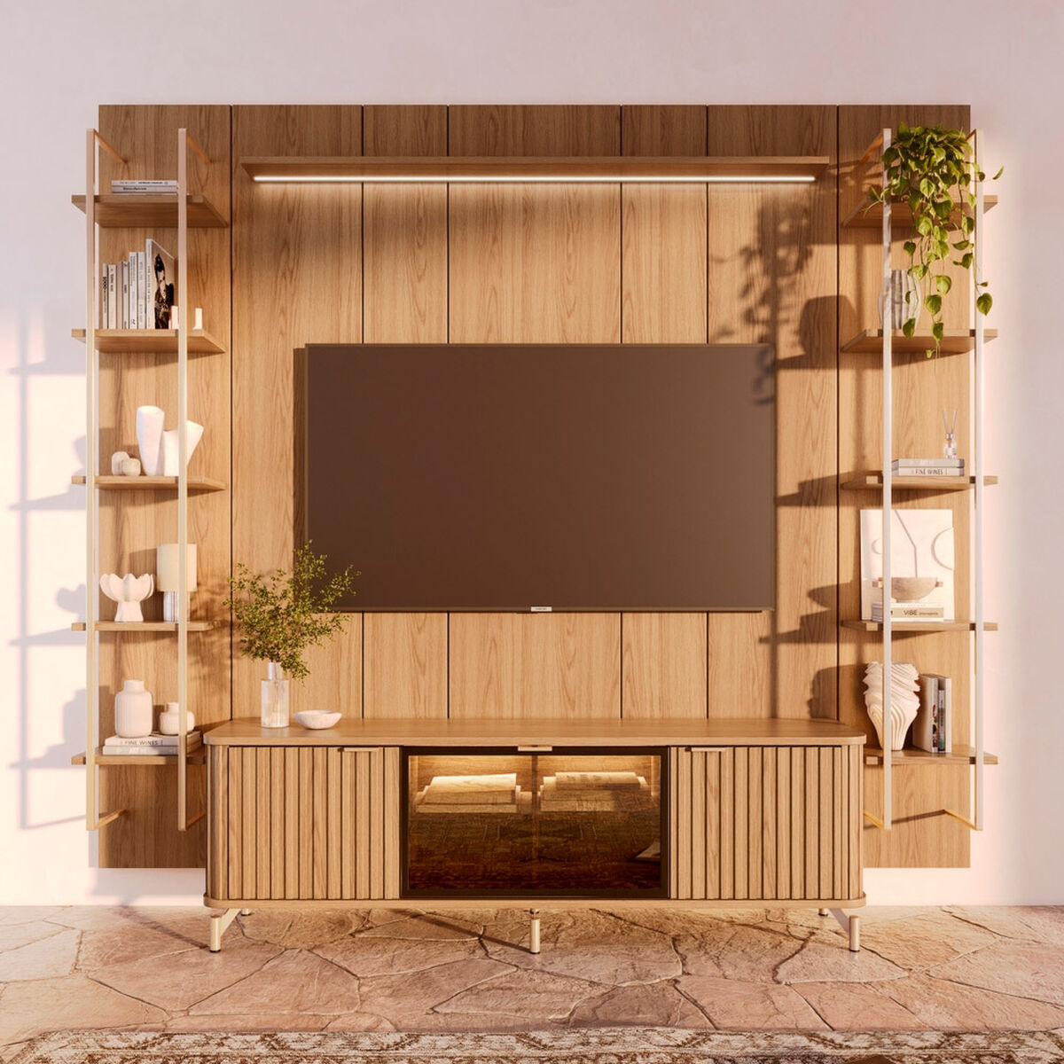 Rack TV 70" + Panel Neon Float Led + 2 Repisas Decocasa Carvalho