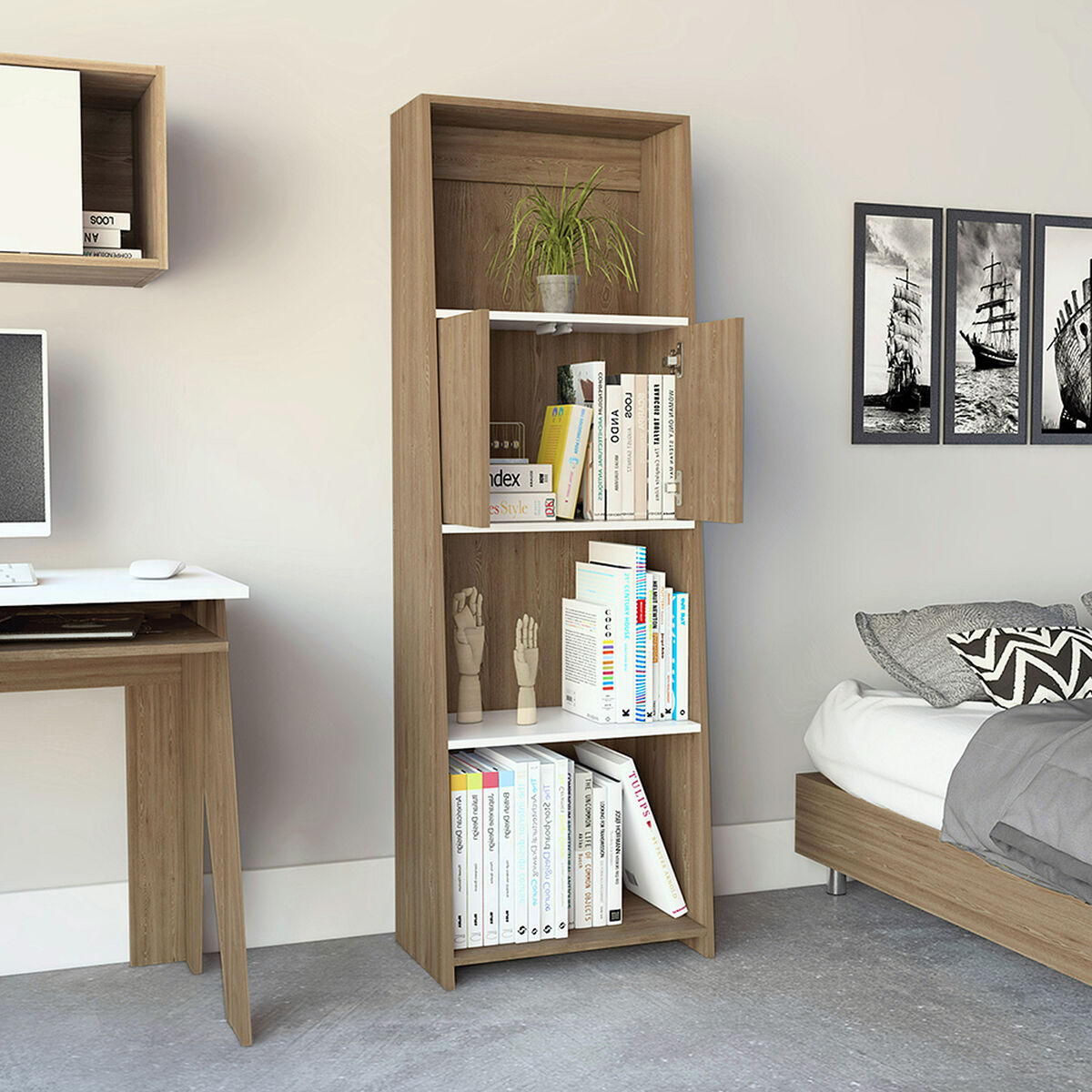 Biblioteca Note 1,60 Cm  2 Puertas - Blanco Hg / Miel