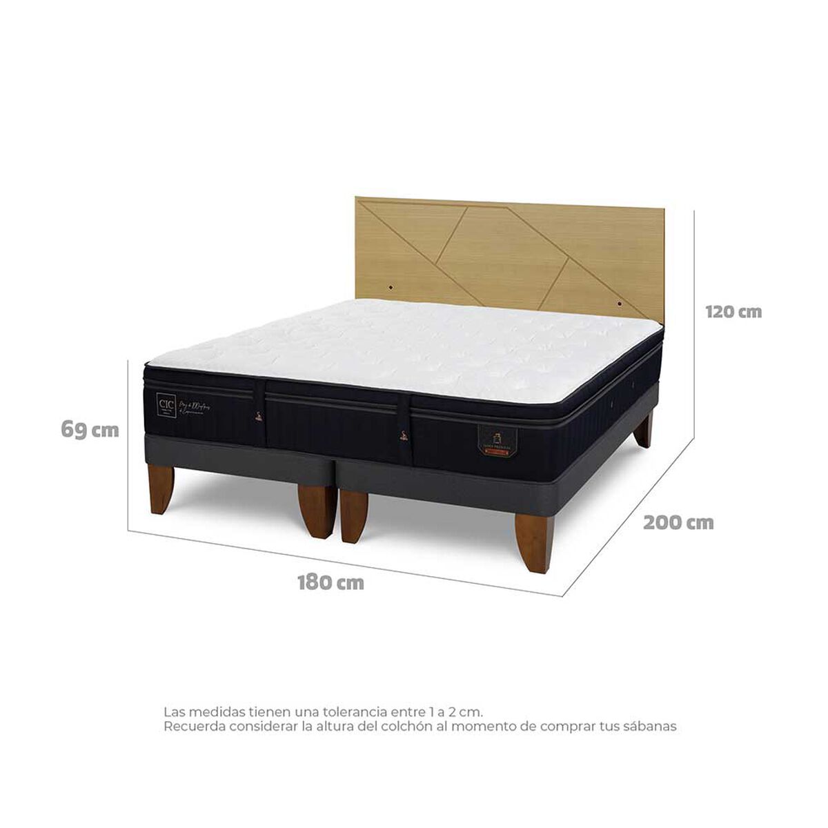 Cama Europea CIC Base Dividida King S&uacute;per Premium + Respaldo Villarrica Mostaza