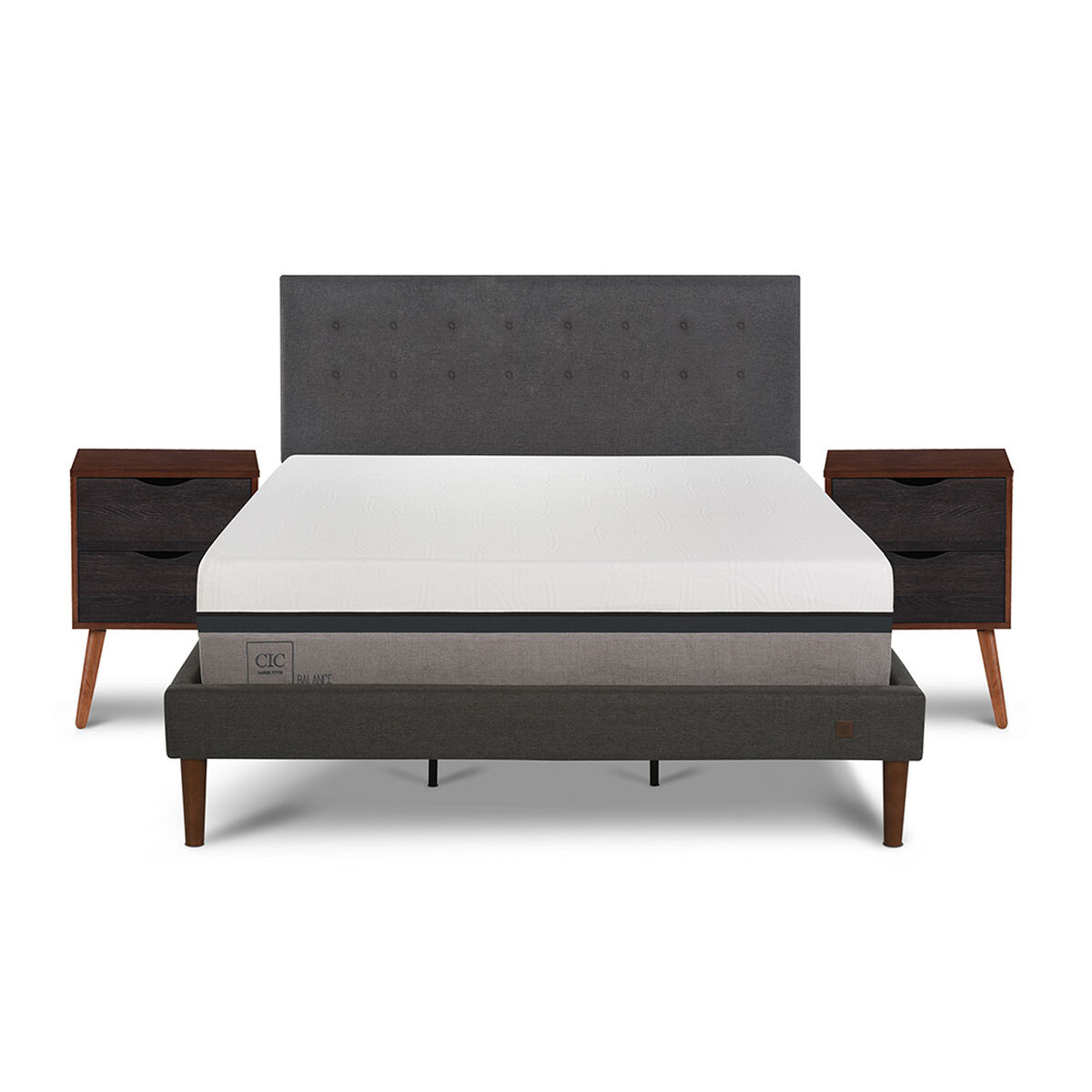 Cama Europea CIC Curve King Balance + Respaldo Eufrates + 2 Veladores Niger