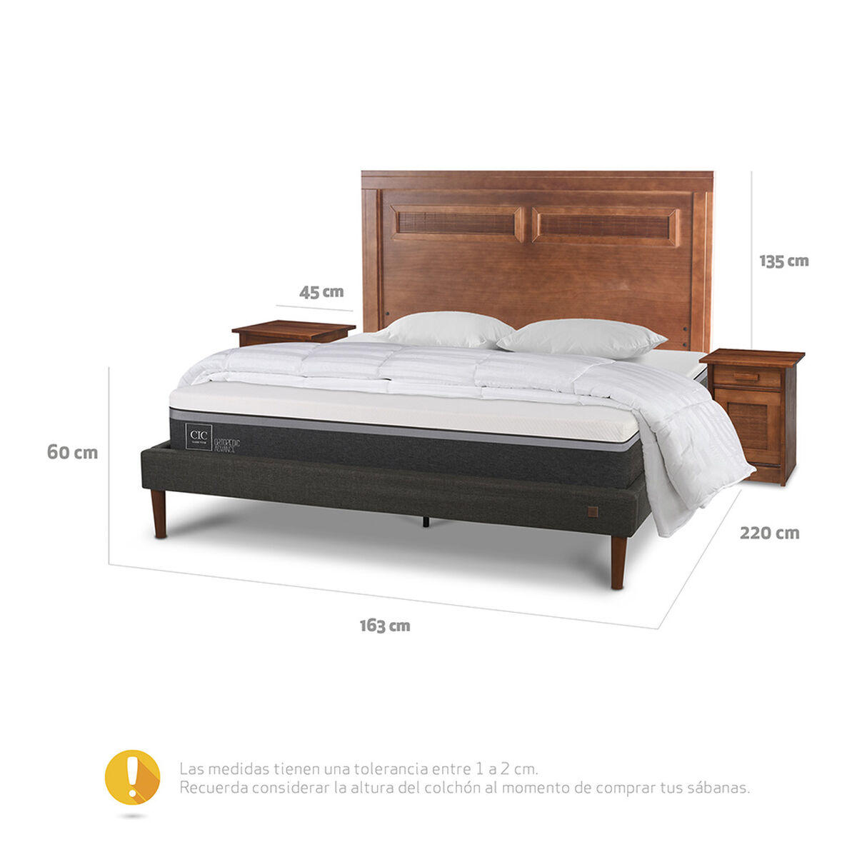 Cama Europea CIC 2 Plazas Ortopedic Advance + Respaldo Milan + 2 Veladores + Almohadas + Plum&oacute;n