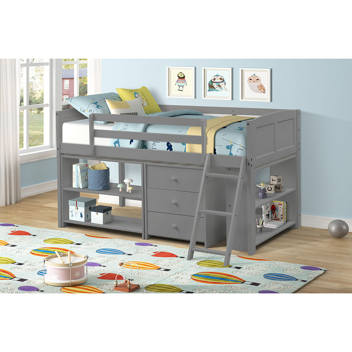 Cama Alta Casanova 1 Plaza Espresso Filadelphia + Cajonera + 2 Repiseros Gris