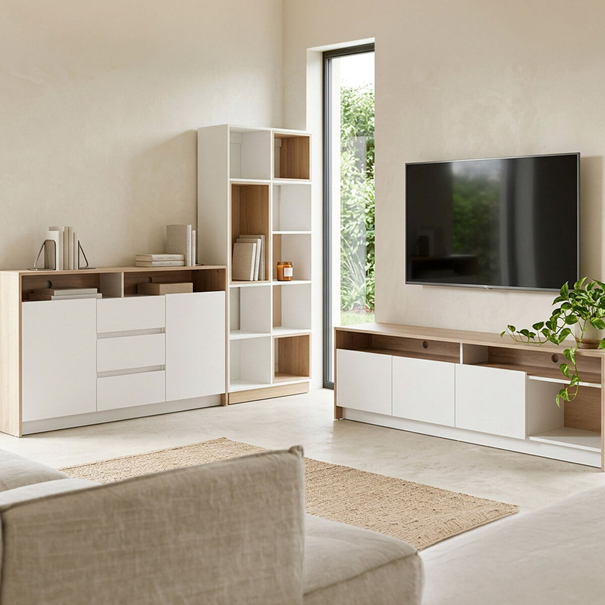 Buffet + Rack TV Colbún + Librero CIC Olmo Blanco