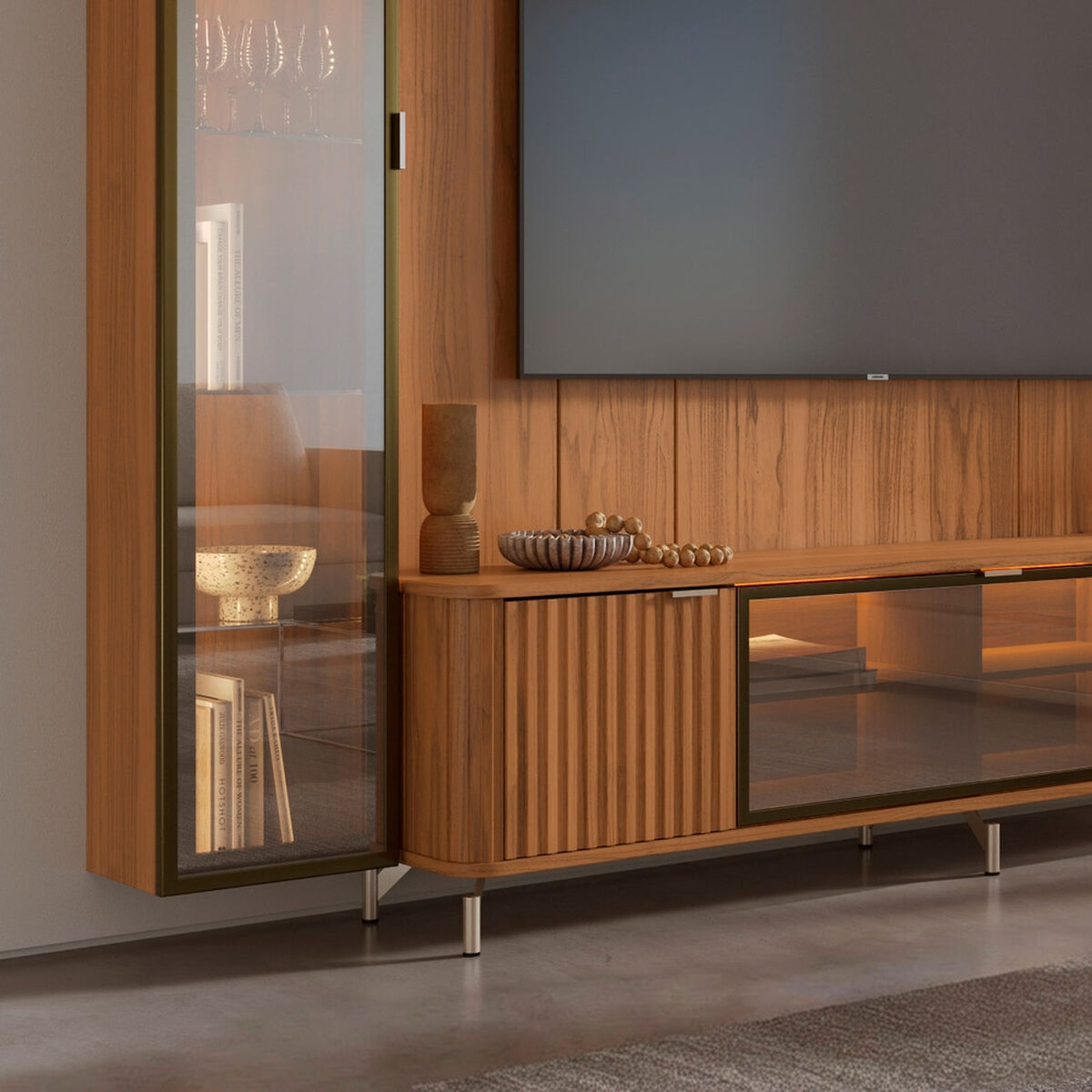 Rack TV 80" + Panel Neon Float Led + Vitrina + Repisas Decocasa Canela