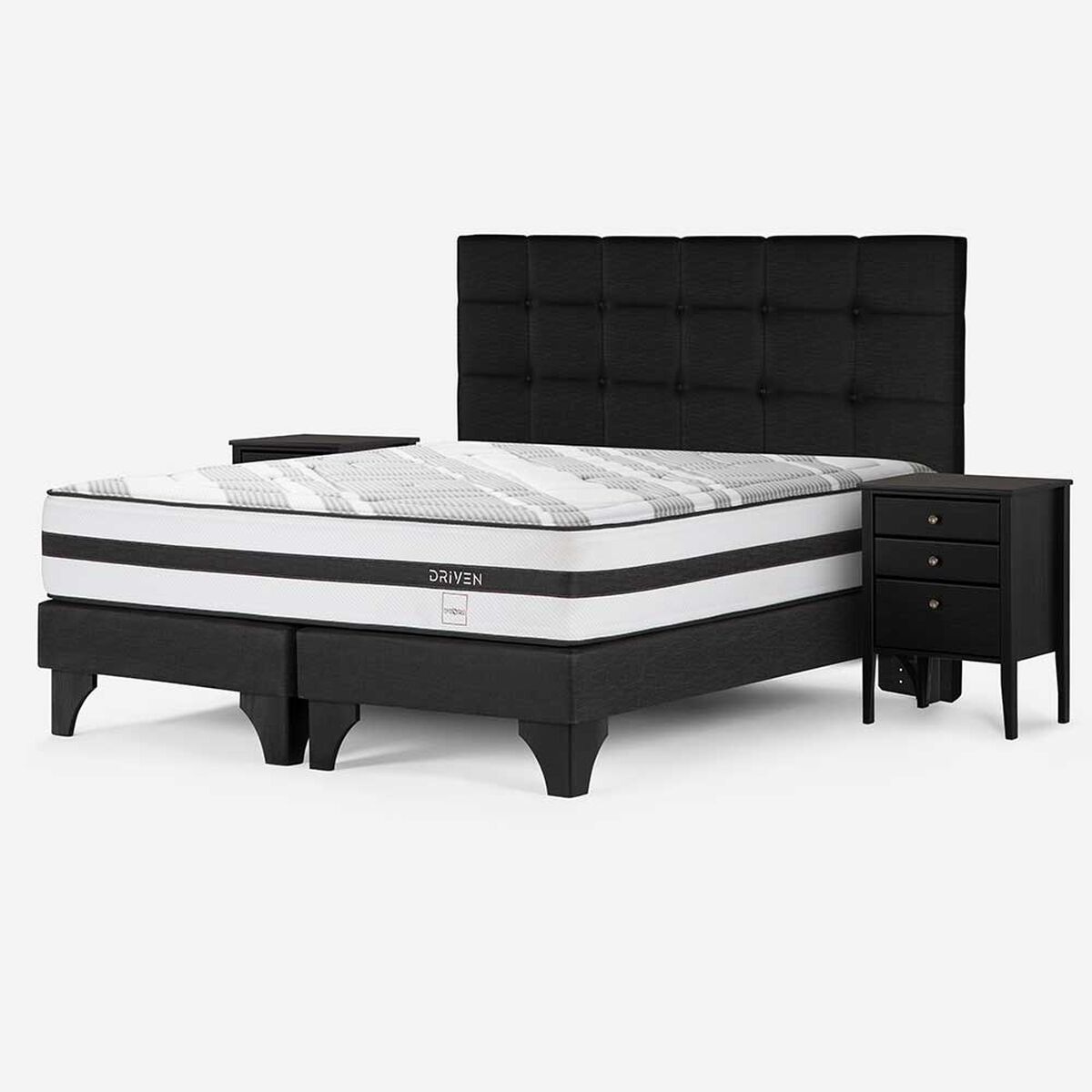 Cama Europea Rosen Base Dividida Súper King Driven + Respaldo + 2 Veladores Issey Grafito