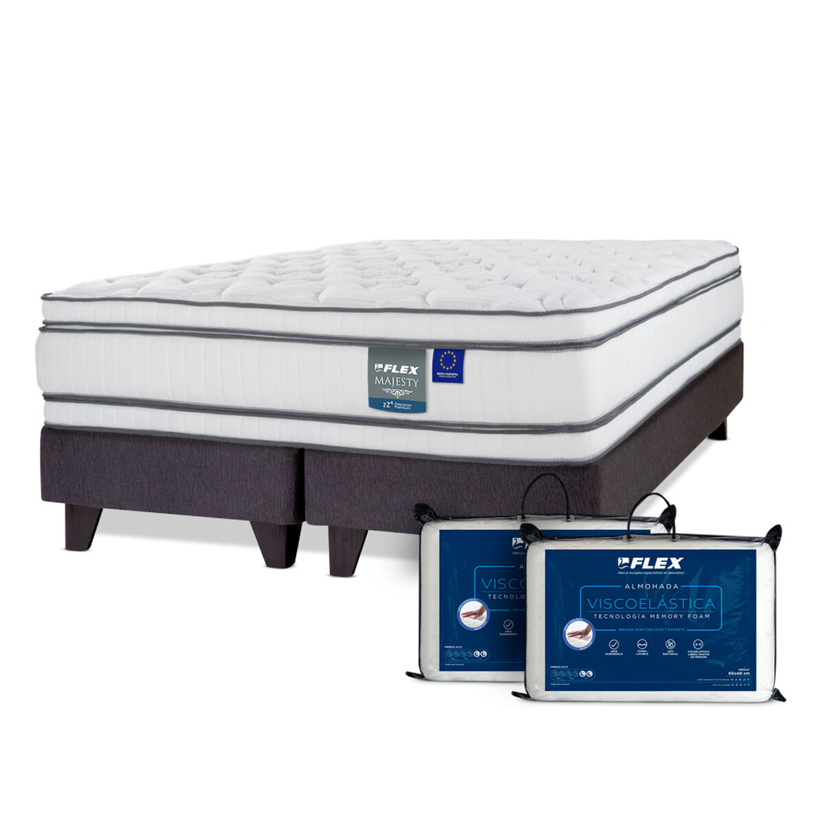 Cama Europea Flex 2 Plazas Majesty + 2 almohadas