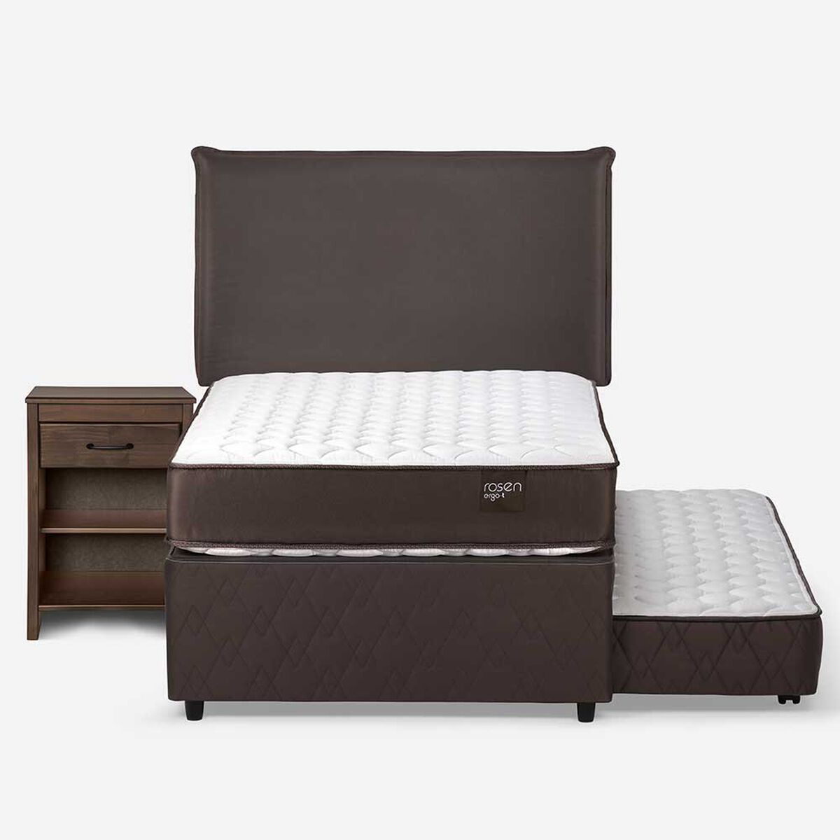 Cama Nido Rosen 1,5 Plazas New Ergo T + Respaldo + Velador Maurice Chocolate