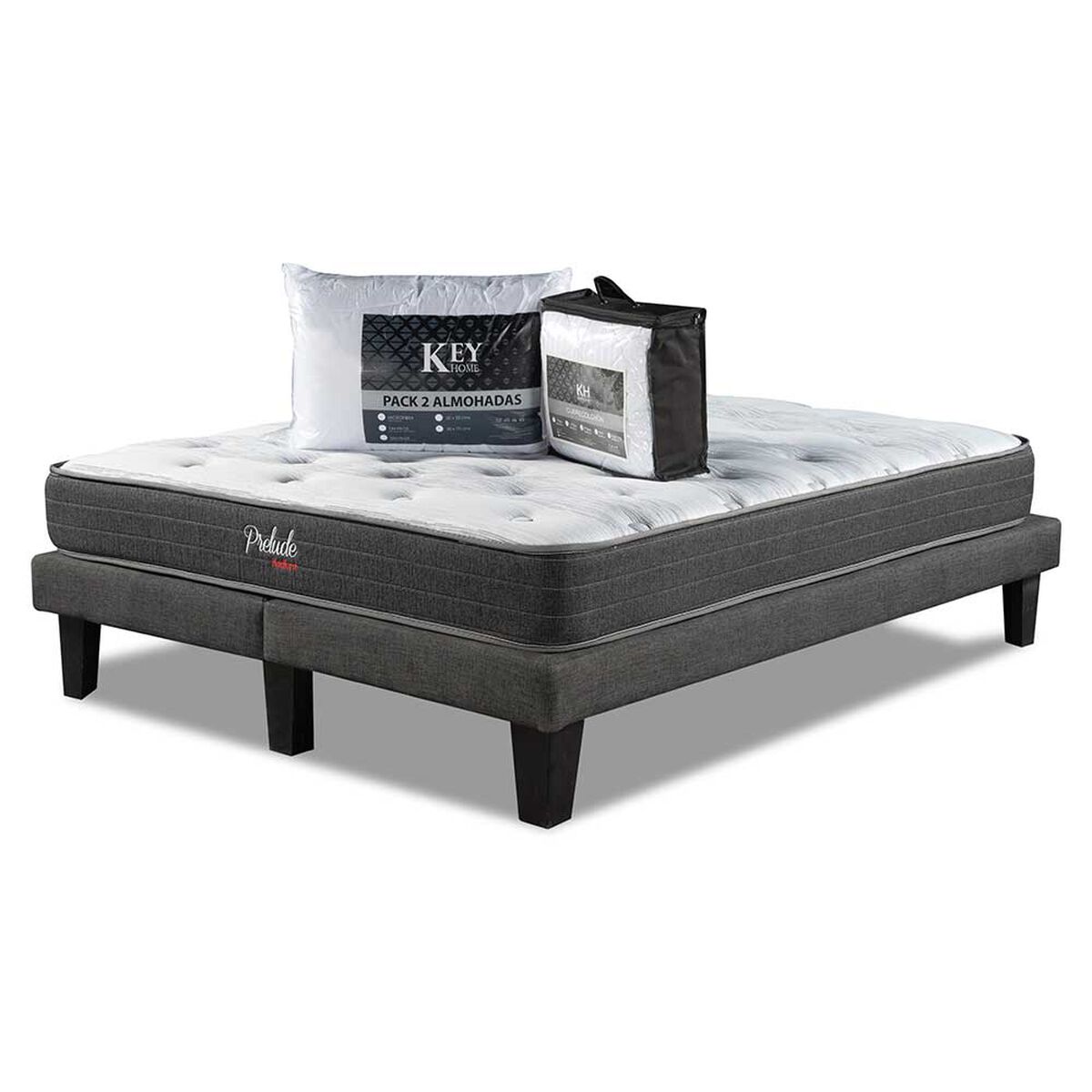 Combo Cama Europea Prelude Radiant 2 Plazas Normal + Respaldo Praga Marengo + Cubre Colchón + Pack Almohadas
