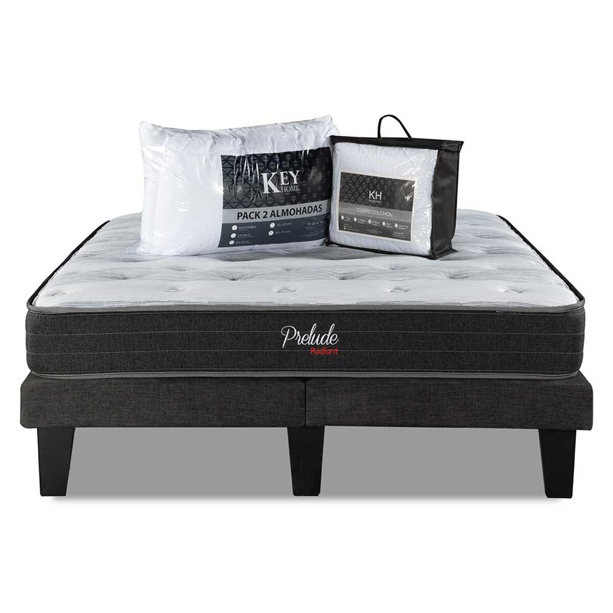 Cama Europea Prelude 2 Plazas Radiant + Cubrecolch&oacute;n + Pack Almohadas