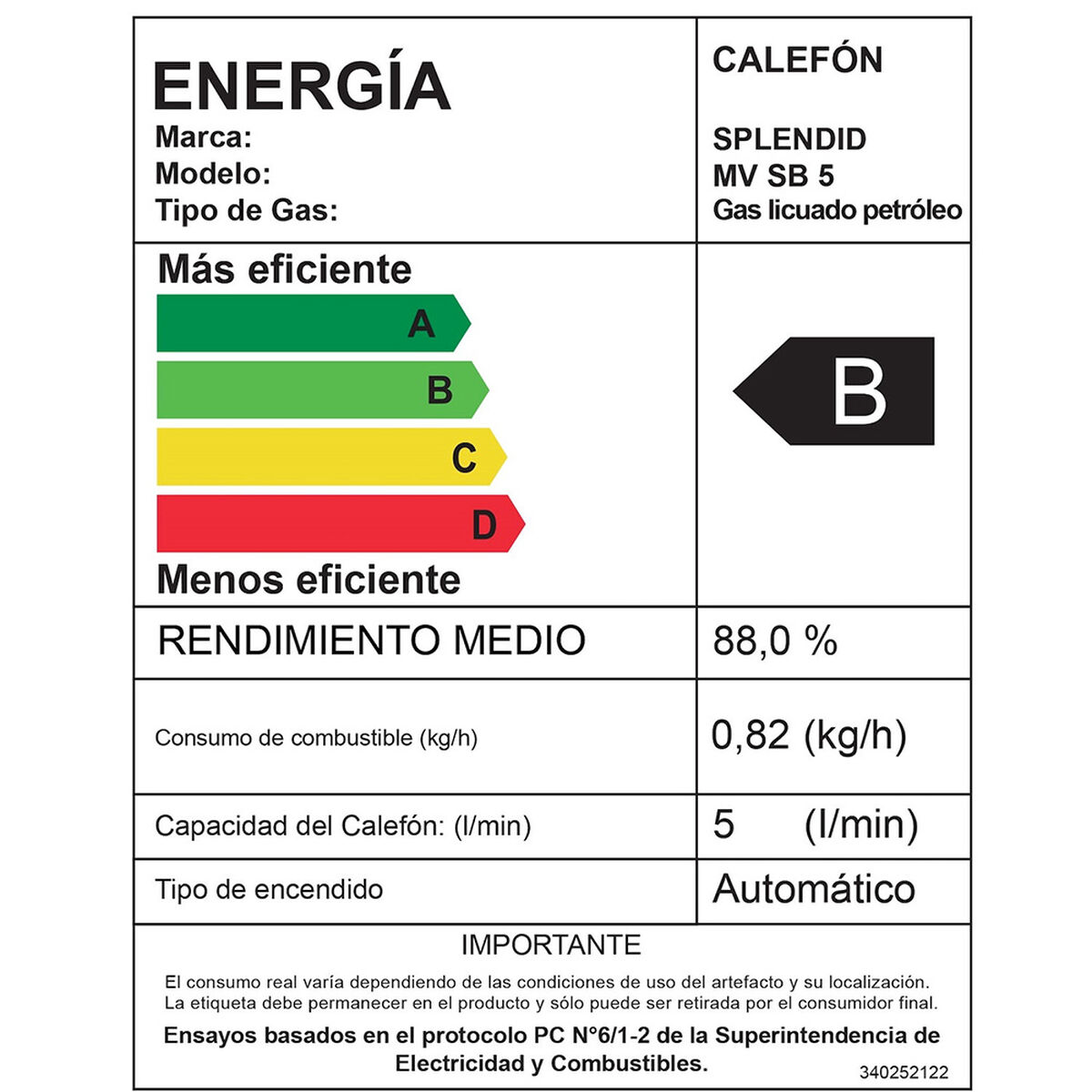 Calefont Gas Licuado  Splendid Tiro Natural Ionizado 5 lts.