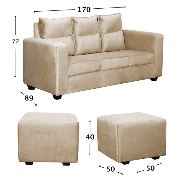 Juego de Living Diseño A&M Home Loreto Sofá 3 Cuerpos + 2 Pouf 1 Cuerpo  Beige Felpa