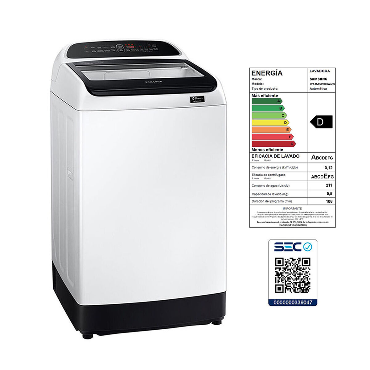 Lavadora Automática Samsung WA15T5260BW/ZS 15 kg.