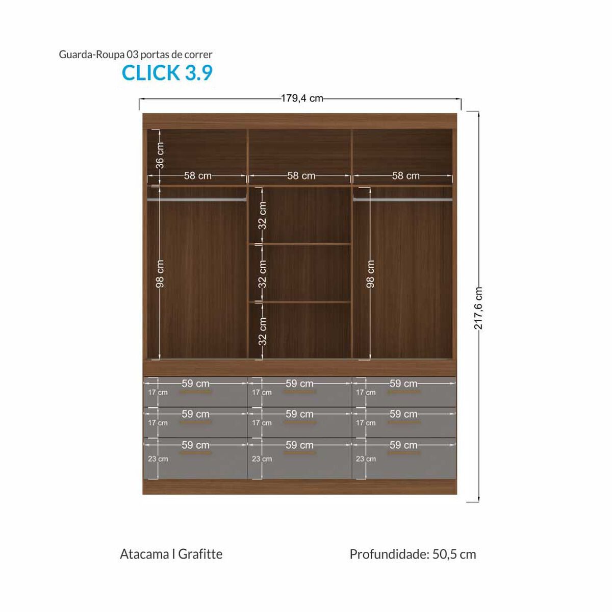 Cl&oacute;set Onessta Click 3 Puertas 9 Cajones Jatova Grafito