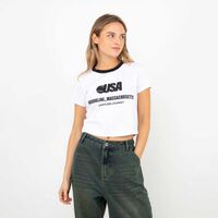 Polera Crop Con Estampado Mujer Icono Arena