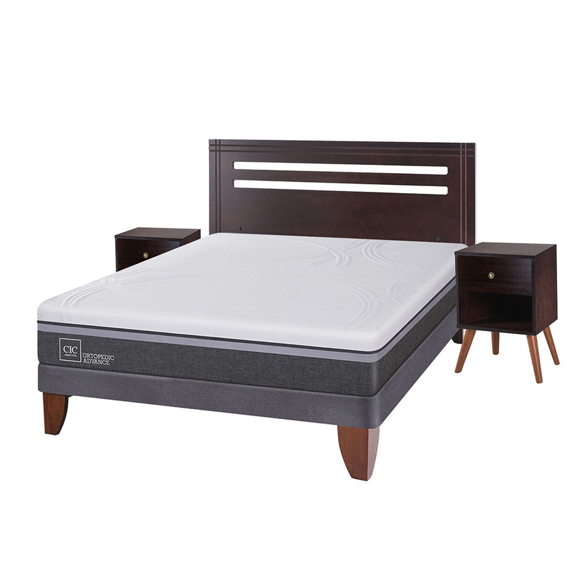 Cama Europea CIC 2 Plazas Ortopedic Advance + Respaldo + 2 Veladores New Munich