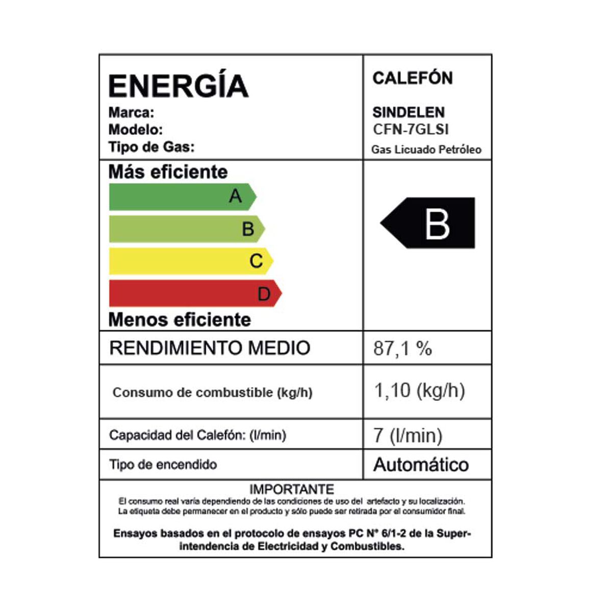 Calefont Gas Licuado Sindelen CFN-7GLSI 7 lt Tiro Natural