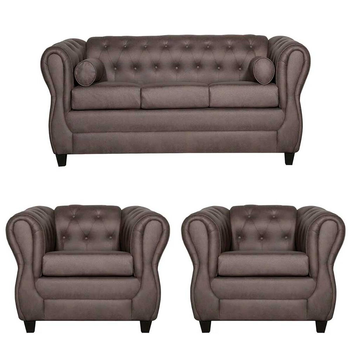 Juego de Living Ruzam Mobel Chesterfield Sofá 3 Cuerpos + Dos Sillones 1 Cuerpo PU Chocolate