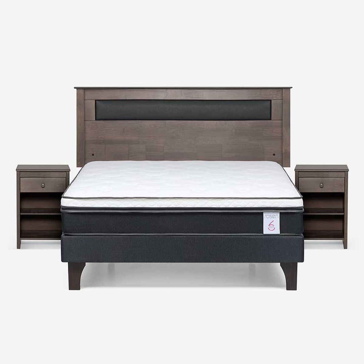 Cama Europea Rosen 2 Plazas New Style 6 + Respaldo Ferrera Gris + 2 Veladores